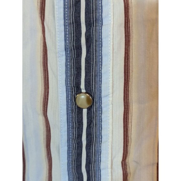 Bke67 Striped Long Sleeve "pearl" snap Shirt L Beige Blue Red Cotton - Picture 2 of 7